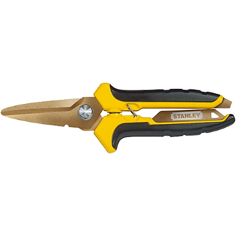 Scissors with yellow and black handles and gold-colored blades. The word 'STANLEY' is visible.