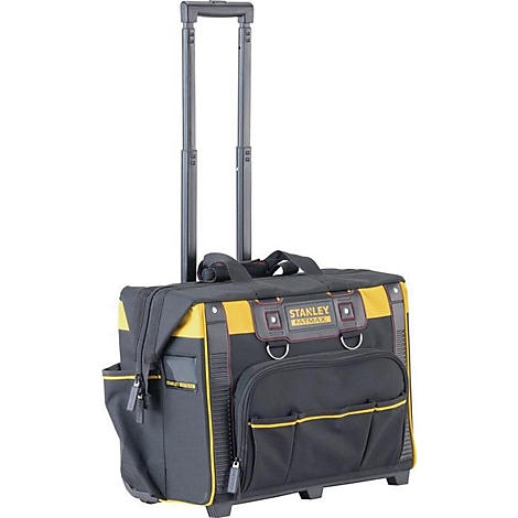 Schwarze Werkzeugtasche mit gelben Akzenten und Rollen. Ausziehbarer Griff, STANLEY Schriftzug.