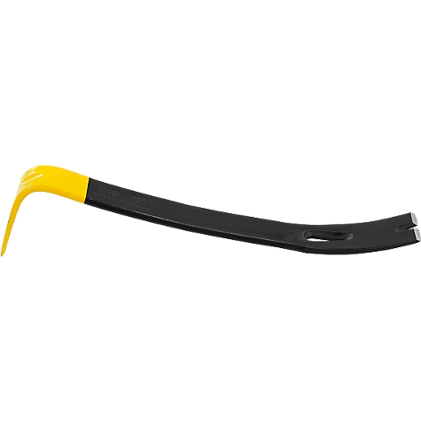 A crowbar, black with a yellow handle, lying across, top view.