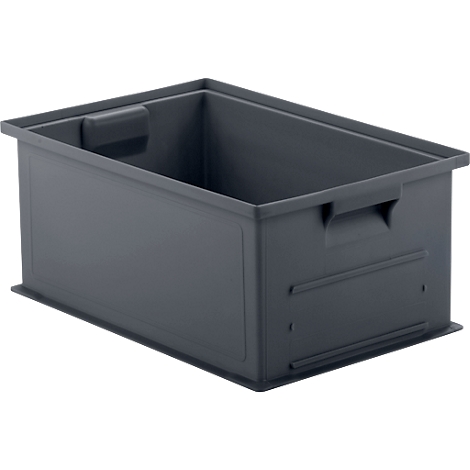 Grijze plastic doos met handvatten en een rechthoekige vorm.