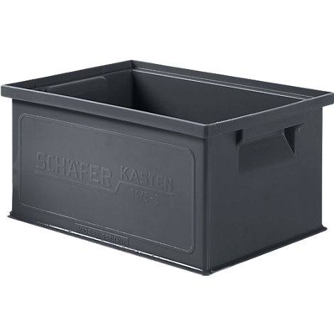 Grijze plastic box met een handvat aan de zijkant, met het opschrift SCHÄFER KASTEN.