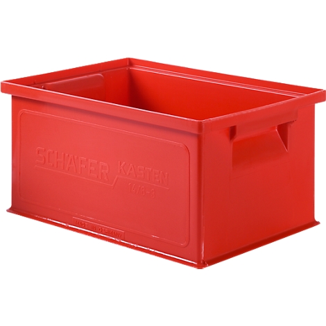 Rode kunststof box met handvatten en de tekst 'SCHÄFER KASTEN'.