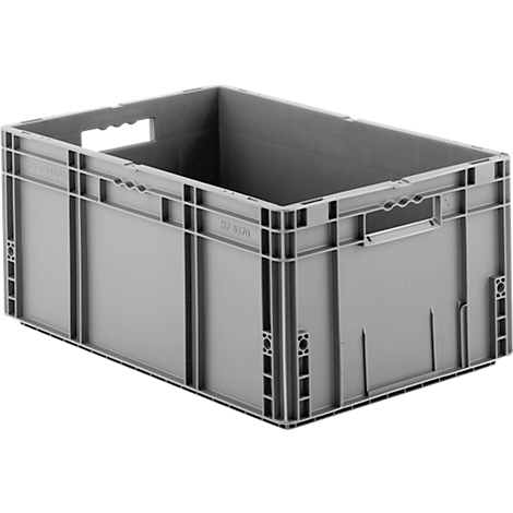 Grijze plastic box met handgreepopeningen. Zijdelingse verstevigingen en de rondom lopende steunen zijn duidelijk zichtbaar.