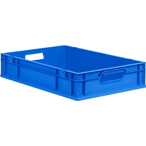 Lege, rechthoekige blauwe plastic transportkrat met handgrepen aan de zijkant.