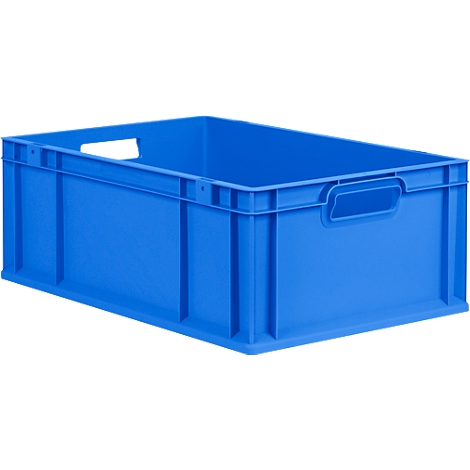 Grijze, rechthoekige plastic stapelbak met open handvatten aan de zijkanten.