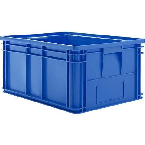 Blauwe plastic bak, rechthoekig. Verticale stutten aan de zijkanten en handgreep uitsparingen.