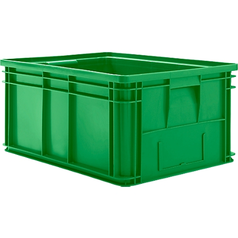 Groene plastic doos, rechthoekig, met handgreepopeningen. Op een neutrale achtergrond.