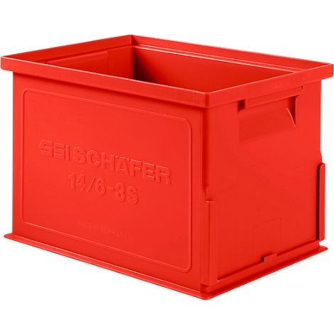 Rode plastic doos met bedrijfslogo en opschrift.