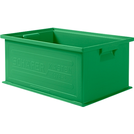 Groene plastic doos met opschrift. Rechthoekige vorm, verzonken handgrepen, tekst: SCHÄFER KASTEN 1976-2.