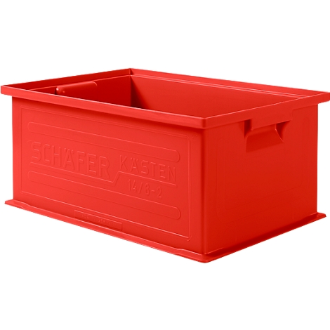 Rode plastic doos, met handgrepen en de tekst SCHÄFER KASTEN.