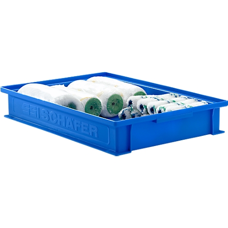 Blauwe plastic bak met verfrollers. Op de bak staat in hoofdletters "FISCHAPER". De rollers zijn wit met groene uiteinden.