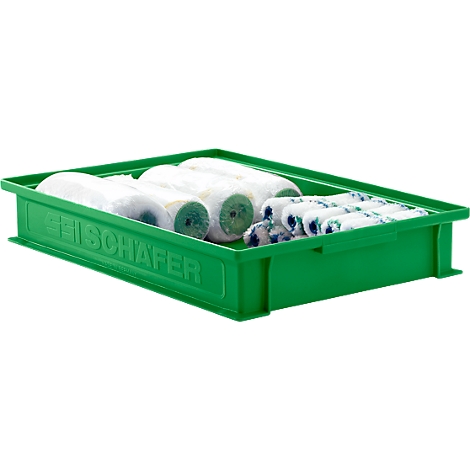 Groene doos met verfrollers en kleine rollen. Opschrift: GEISCHAFER.