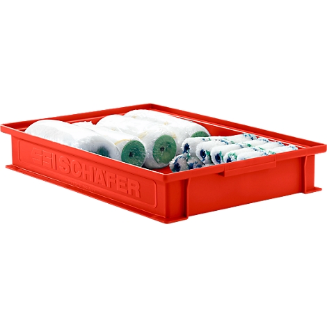Rode transportbox met witte en groene verfrollers.