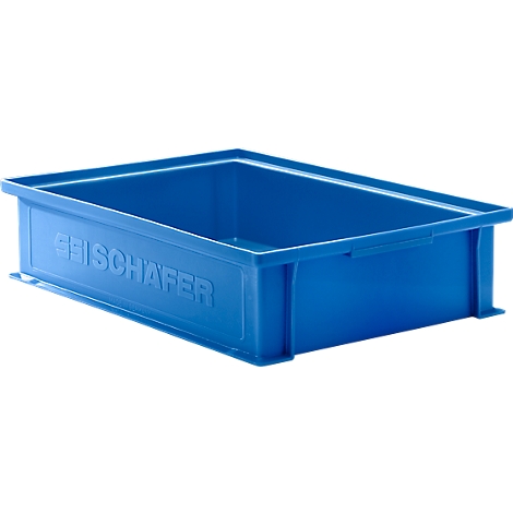 Blauwe plastic doos met verhoogde rand, het opschrift "SSI SCHÄFER" is in reliëf aangebracht.