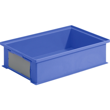 Blauwe plastic box met grijze voorkant. Rechthoekige vorm, afgeronde bovenrand.