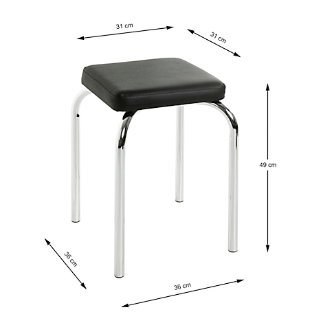 Hocker mit schwarzem Sitz, verchromten Beinen, Maße angegeben: 31x31x49 cm. Unteres Maß 36 cm.