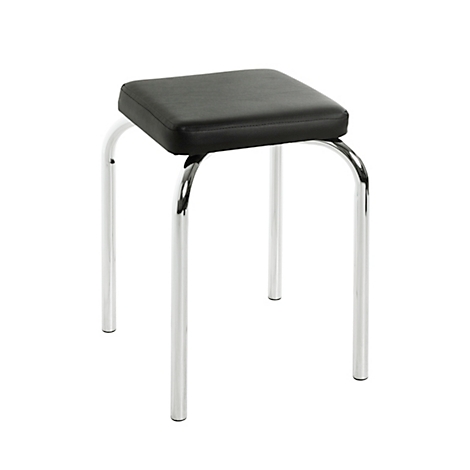 Hocker mit quadratischer, schwarzer Sitzfläche und verchromten Metallbeinen.