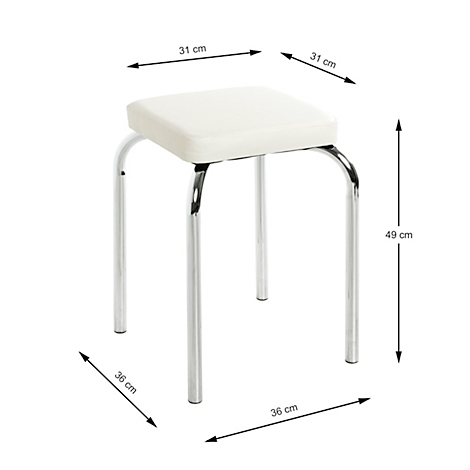 Hocker mit quadratischer, cremefarbener Sitzfläche und verchromtem Gestell. Maße sind angegeben.