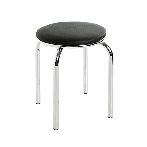 Ein schwarzer Hocker mit runder Sitzfläche und verchromten Metallbeinen.