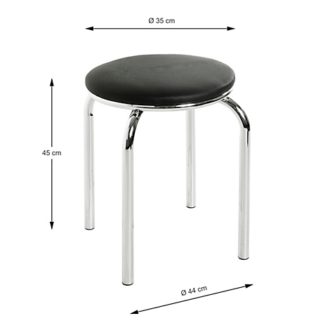 Ein Hocker mit rundem, schwarzem Sitz, Chrombeinen und Maßangaben.
