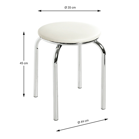 Weißer Hocker mit verchromten Beinen, Maße: Ø 35 cm, 45 cm hoch, Ø 44 cm. 