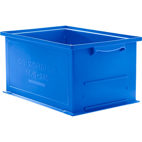 Blaue Kunststoffbox mit Griffen und Schriftzug. Geischafer 14/6-220.