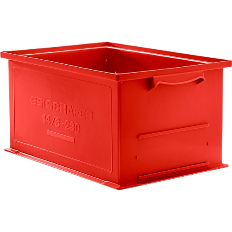 Rote Kunststoffbox mit Griffen und Schriftzug 'GEISCHÄFER 14/6-220'.