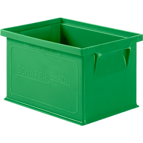 Grüne Kunststoffbox mit dem Schriftzug "SCHÄFER KÄSTEN".