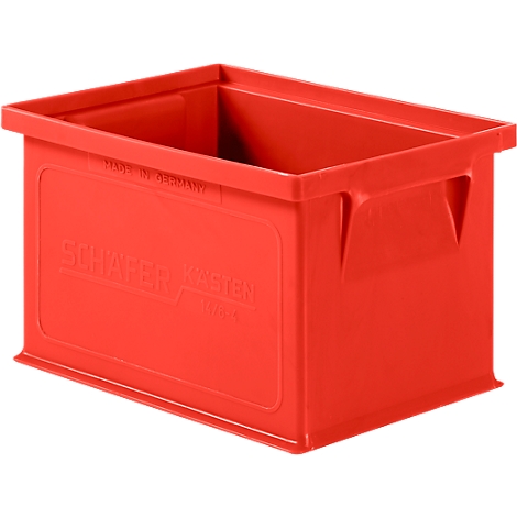 Rote Kunststoffbox mit Henkeln. Auf der Front steht SCHÄFER KASTEN.