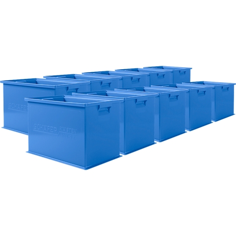 Reihe blauer Container mit Griffen und Schriftzug.