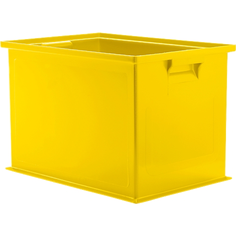 Gelbe Kunststoffbox mit Griffen. Aufrecht stehend vor neutralem Hintergrund.