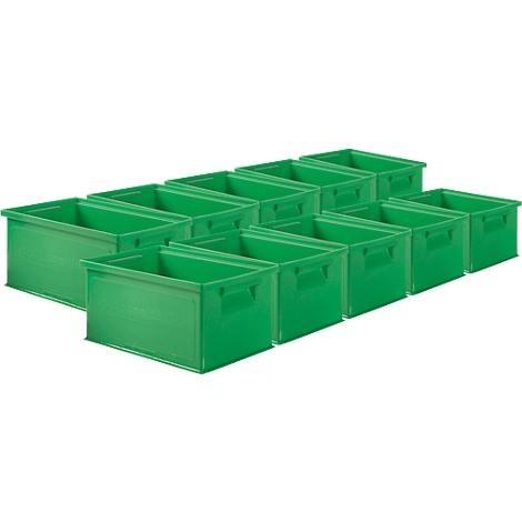 Aufnahme von 12 grünen Kunststoffboxen mit Griffen.