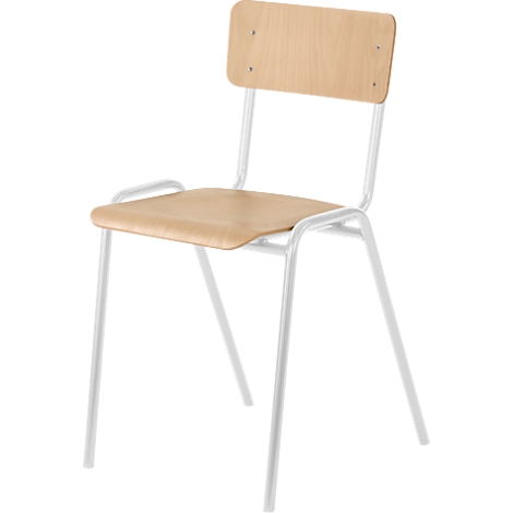 Een schoolstoel van licht hout en wit metaal. Zitting en rugleuning zijn licht, het frame is wit.