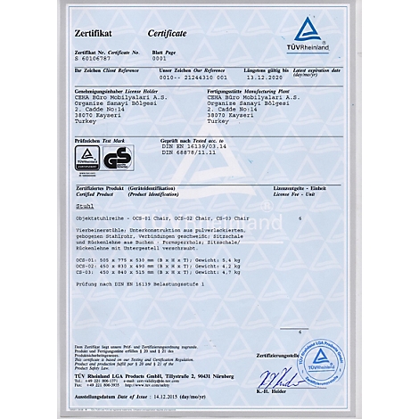 TÜV Rheinland Zertifikat für Stuhlmodelle der Firma CENA Büro Mobilyalari, ausgestellt 2015.