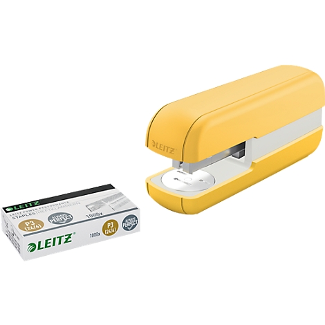 Yellow stapler and staples on a white background. The stapler has white accents and the LEITZ logo.