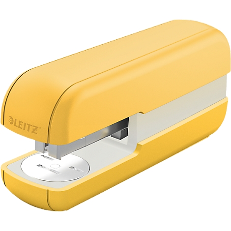 Yellow stapler with the lettering "LEITZ".