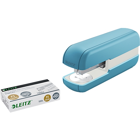 Light blue stapler and staple box from Leitz. The stapler is placed next to the box.