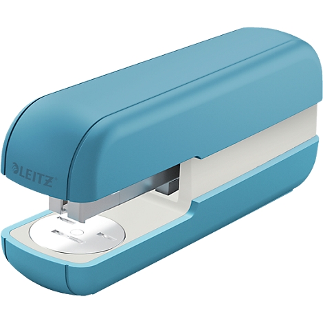 Light blue stapler with white insert, Leitz brand.