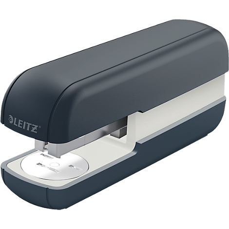 Dark blue stapler with Leitz logo and white middle part.