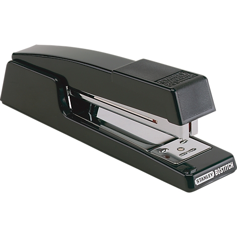 Black stapler, by Stanley Bostitch. The stapler rests diagonally on a white surface.