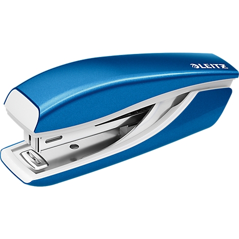 Blue stapler with white border, Leitz brand. Detailed shot.