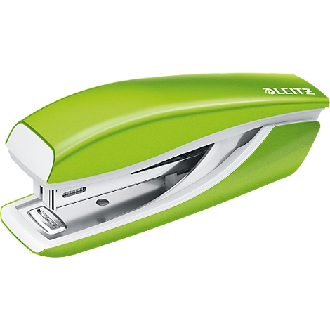Green stapler, Leitz brand, with white accent line.