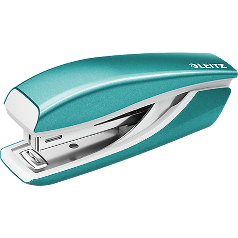 Teal stapler from Leitz, with white accents and a glossy finish.