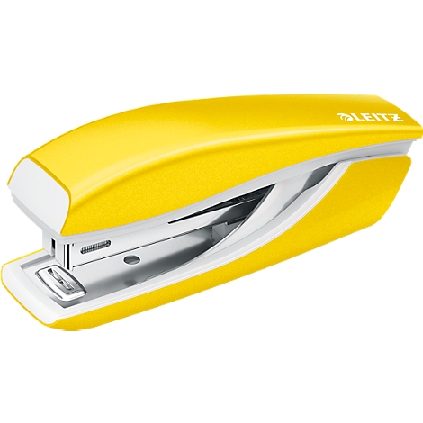 Yellow stapler with white accents; Leitz brand.