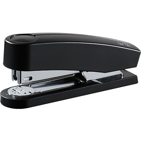 A black stapler with silver metal parts. Close-up.