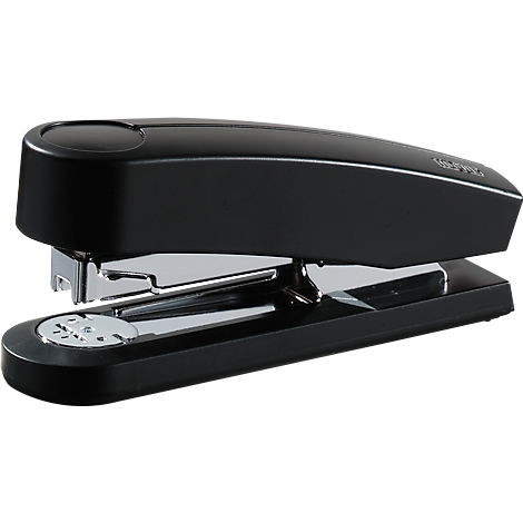 Black stapler, open. Silver levers, visible staples.