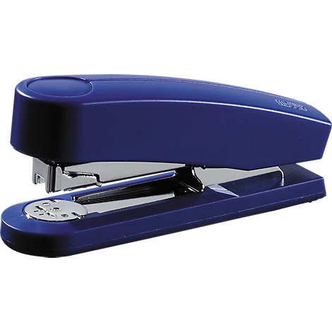 Detail of a blue stapler. Metal staples and mechanism.