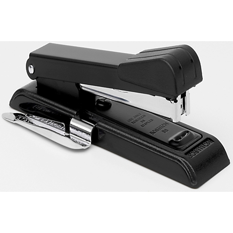 A black stapler with silver metal parts, lying on a white background.