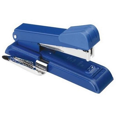 Blue stapler. The lever is flipped up, staples are visible.
