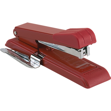 Red stapler, close up with metallic silver details on white background.